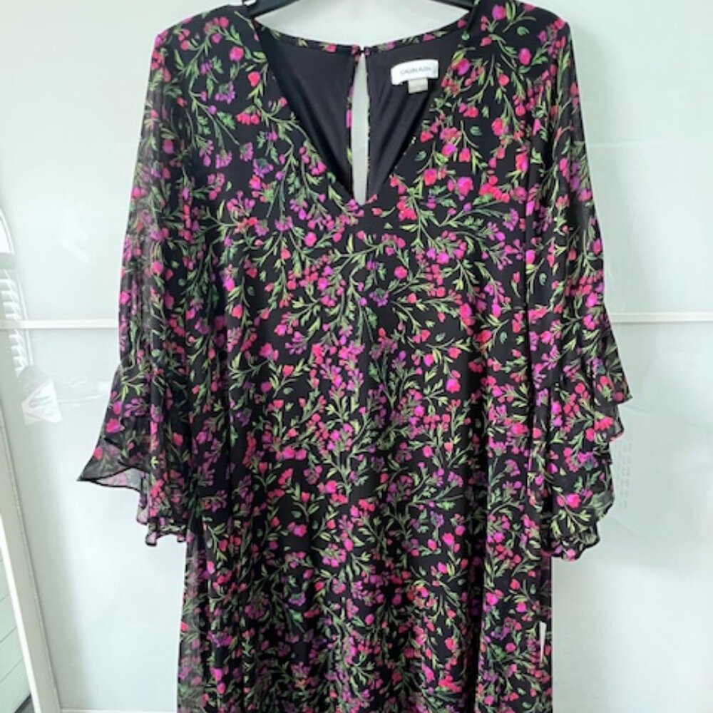 Calvin Klein Womens Shift Dress Size 14 Black Pink Floral Mini Ruffle Sleeve